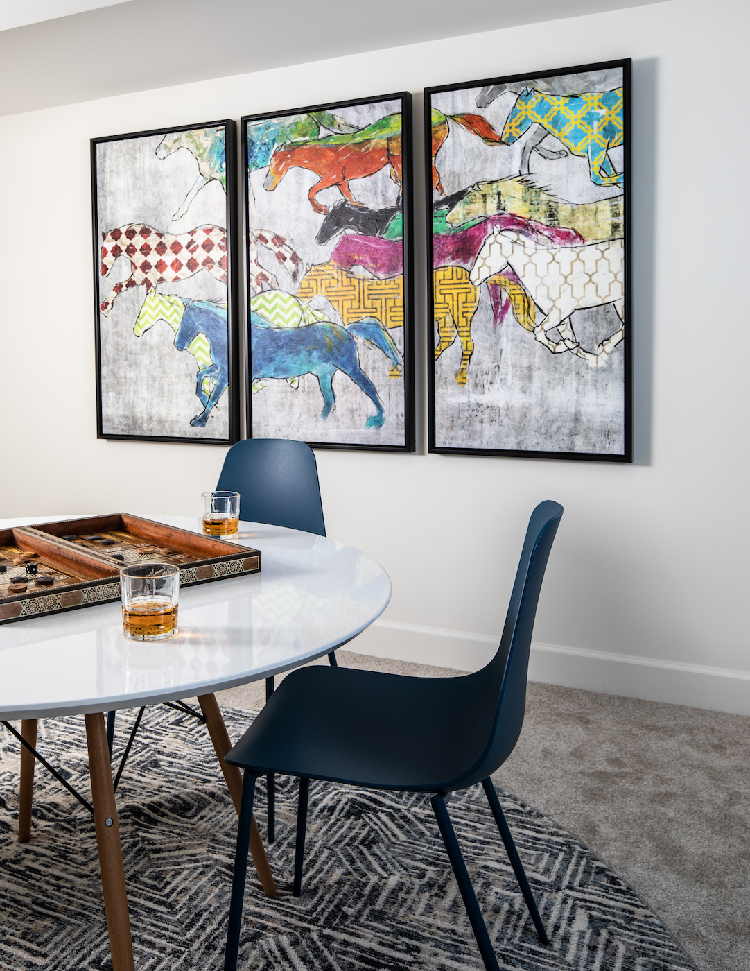 round-dining-table-colorful-horse-mural-wall-art