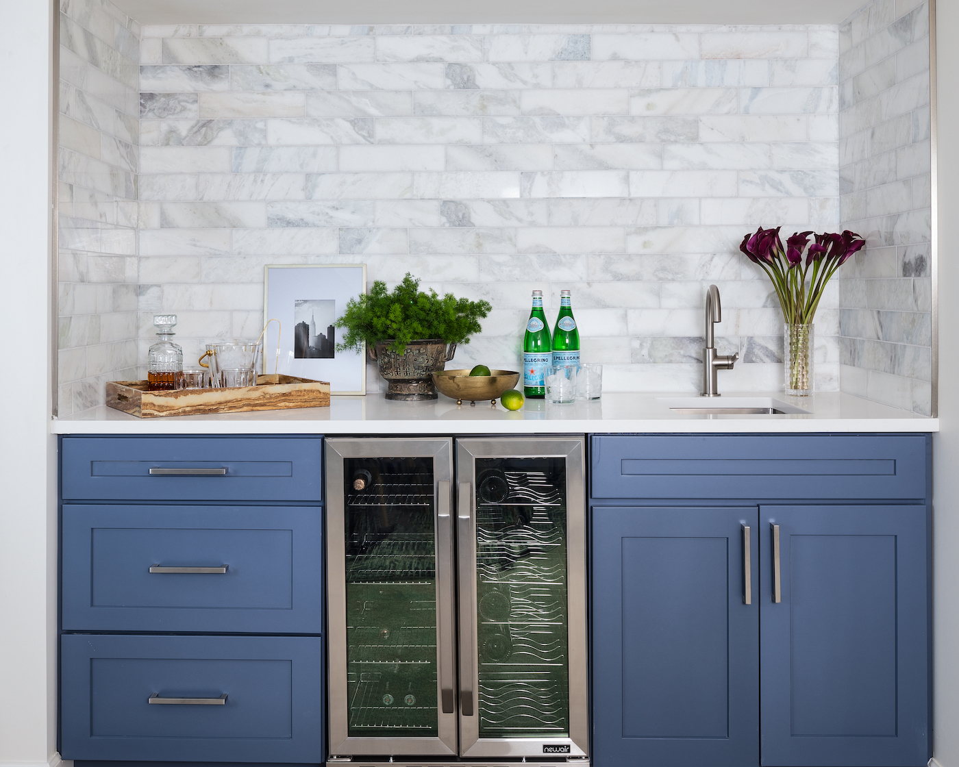 wet-bar-blue-cabinets-drink-fridge-tile-backsplash