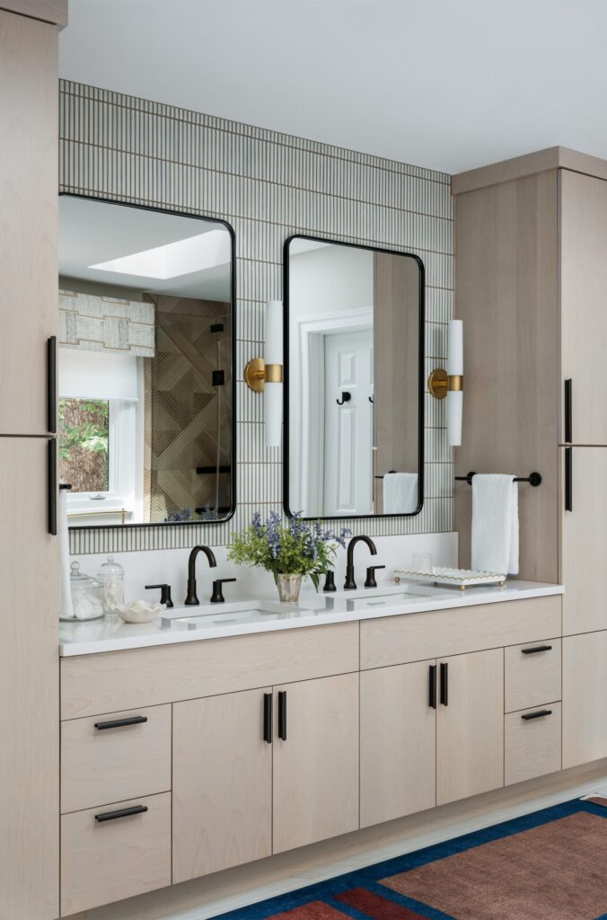 Double Vanity Bathroom Light Wood Cabinetry Black Fixtures