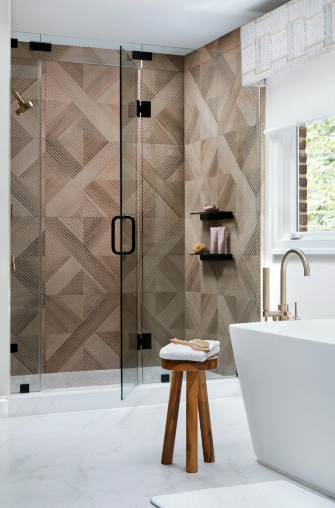 Geometric Tile Shower Wall With Freestanding Tub